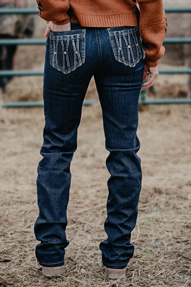 Mid Waist Rhinestone Decor Straight Leg Jeans Without Belt