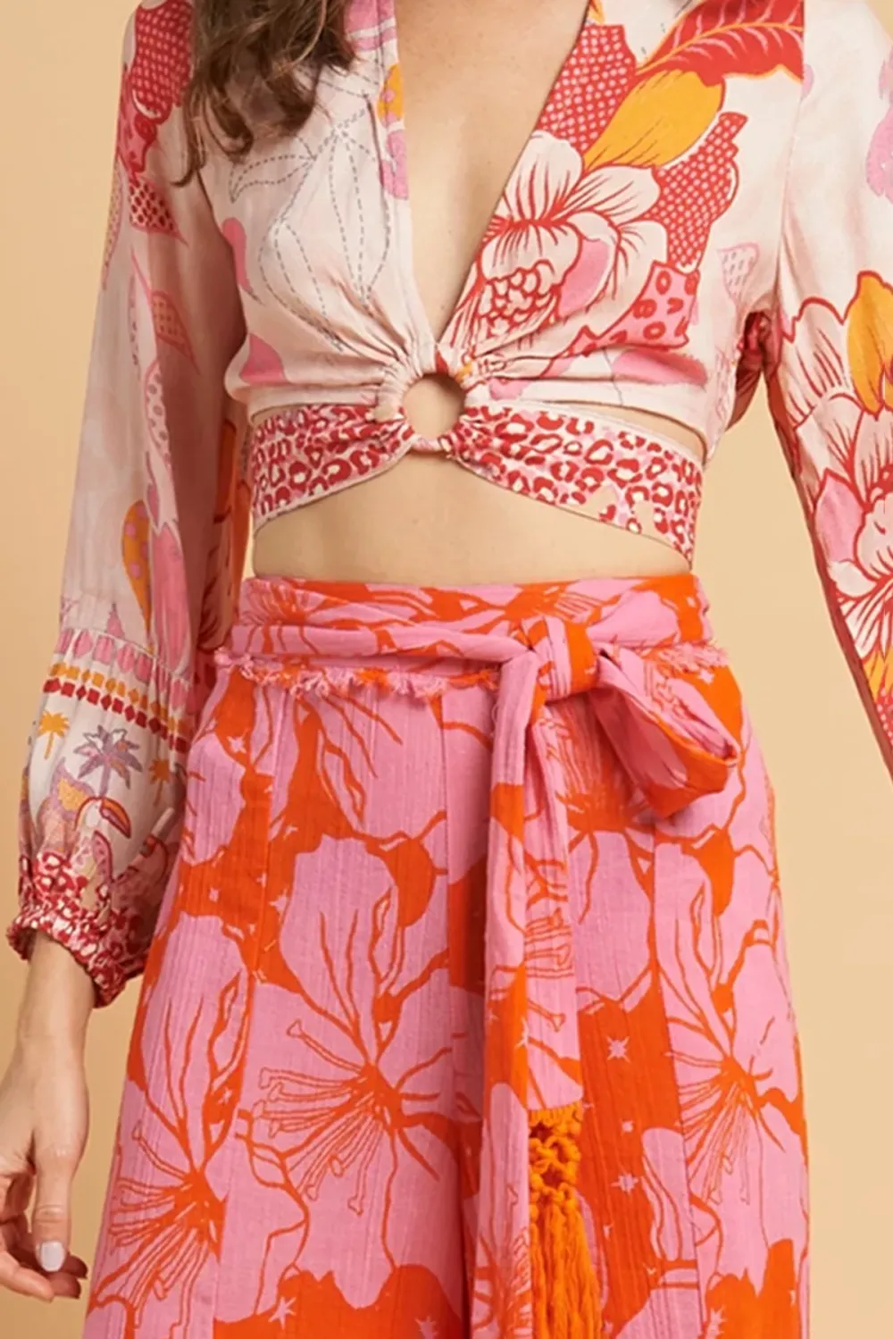 Pink And Orange Floral Print Crop Top And Pants Set