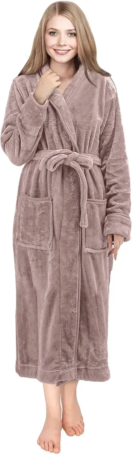 Women Fleece Shawl Collar Bathrobe - Plush Long Robe