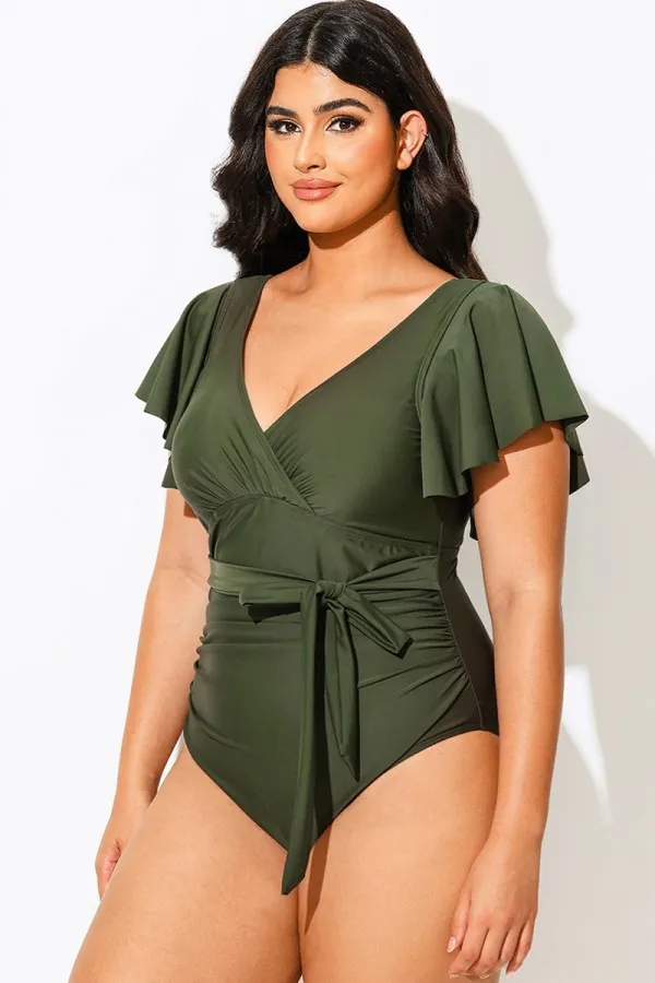 Green V-Neck Ruffle Sleeve One Piece Swimsuit