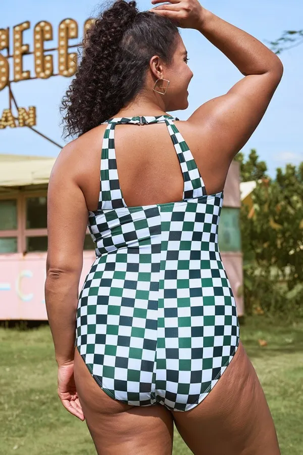 Light Green Check Sarong Front One Piece Swimsuit