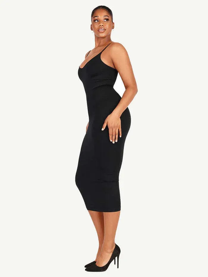 Seamless Spaghetti Strap V Neck Maxi Dress with Built-in Bodycon