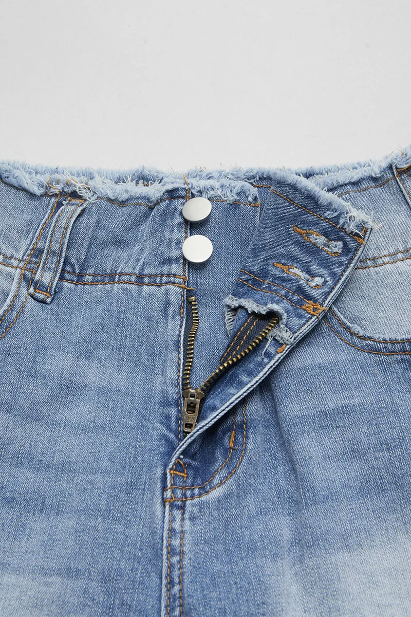 Raw Trim Ripped Dual Button High Waist Denim Shorts