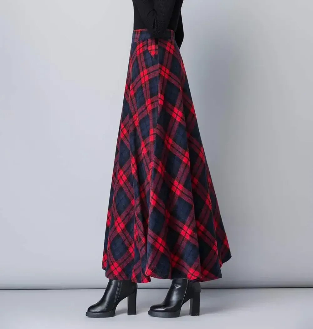 Women's Winter Elegant Warm Long Skirt Wool Maxi Skirts Elastic Waist A-Line High Waist Plaid Pleated Skirt S-3XL