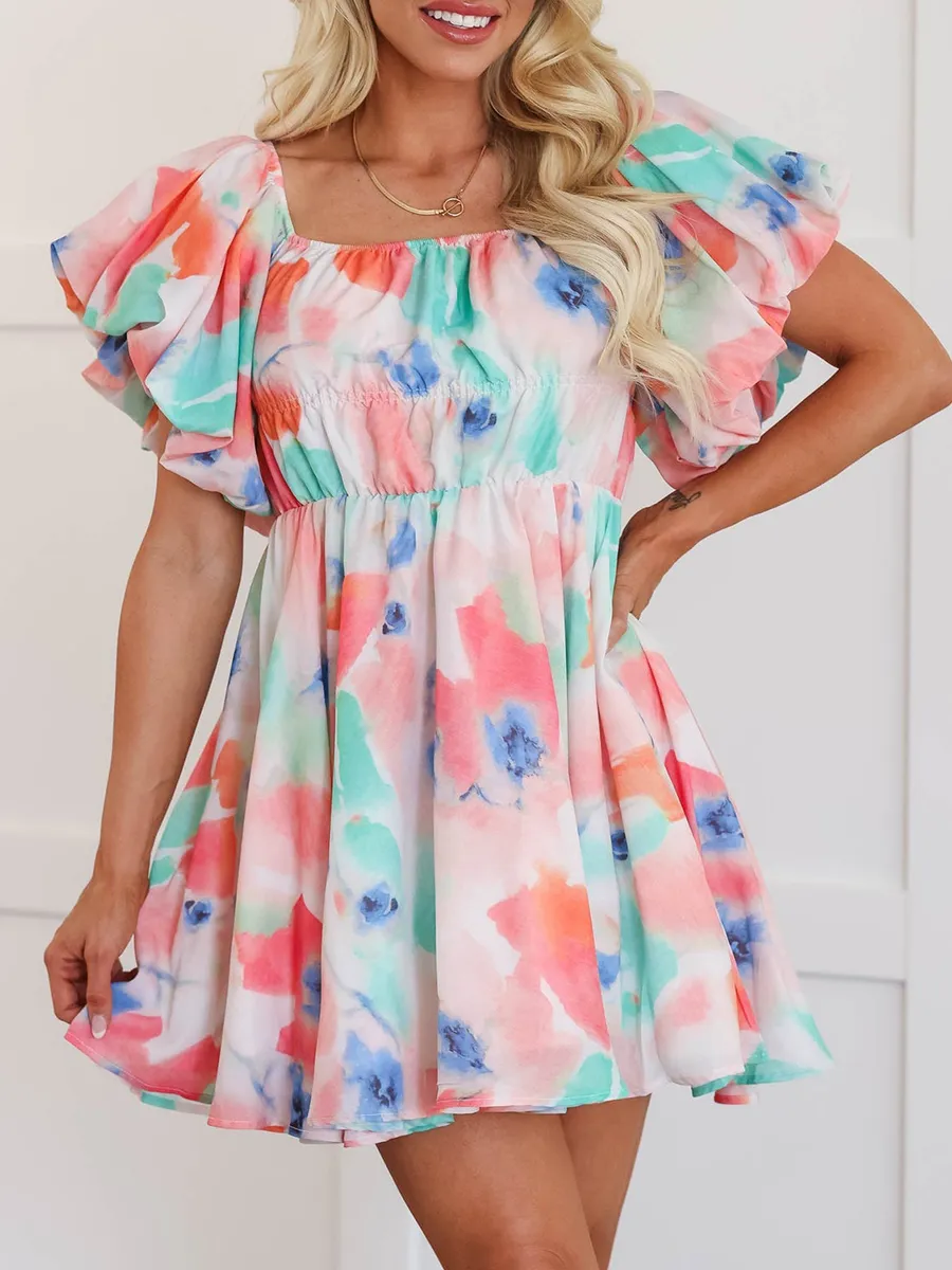 Watercolor Pattern Bubble Sleeve Dress