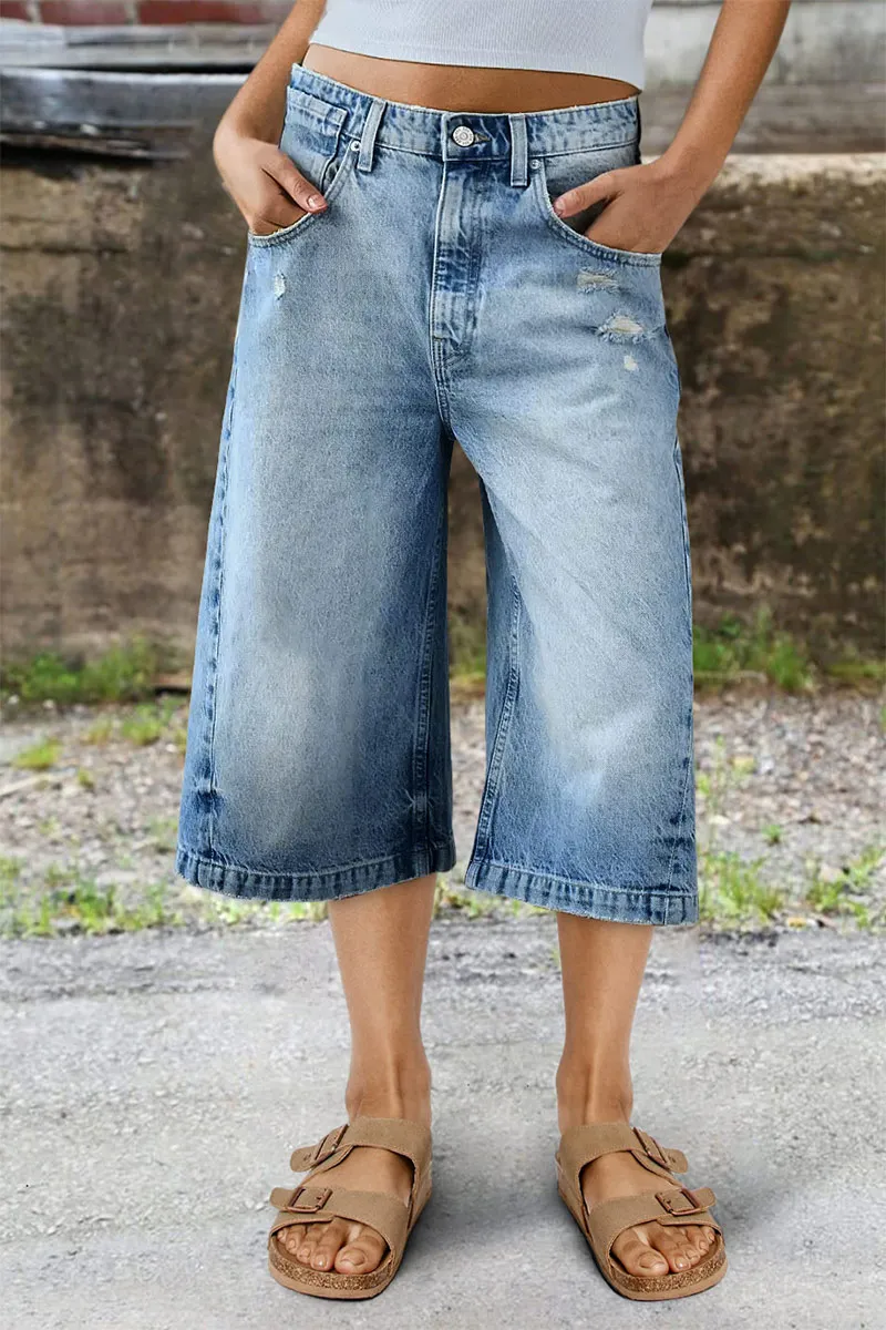 Ripped Mid Waist Straight Leg Capri Jeans