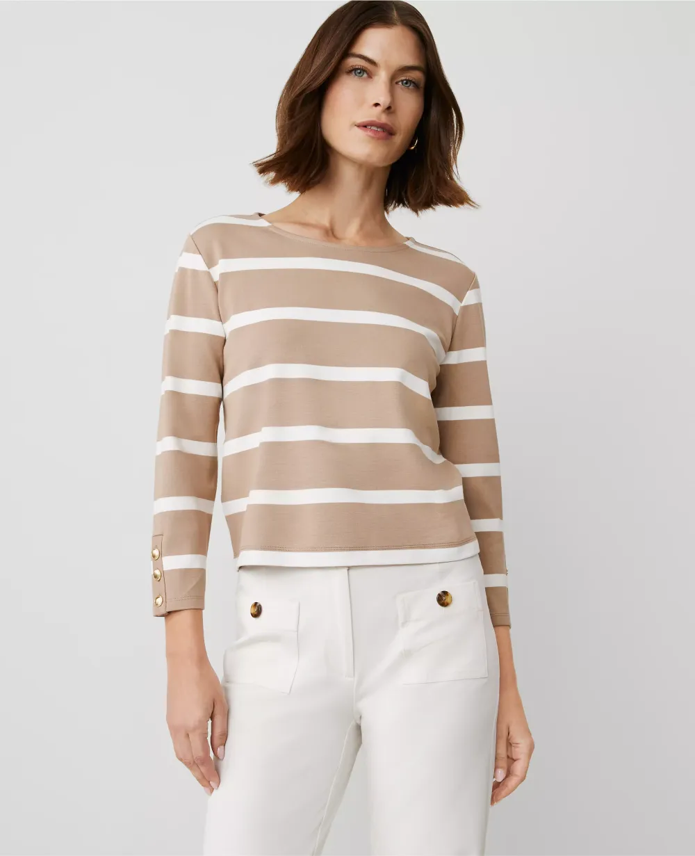 Striped Ponte Button Cuff Top