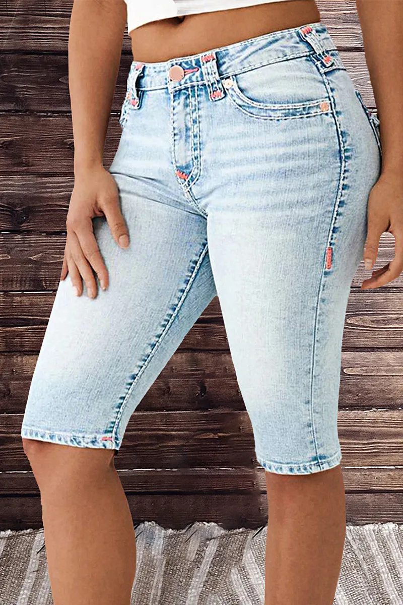 Washed Flap Pocket Mid Rise Denim Bermuda Shorts