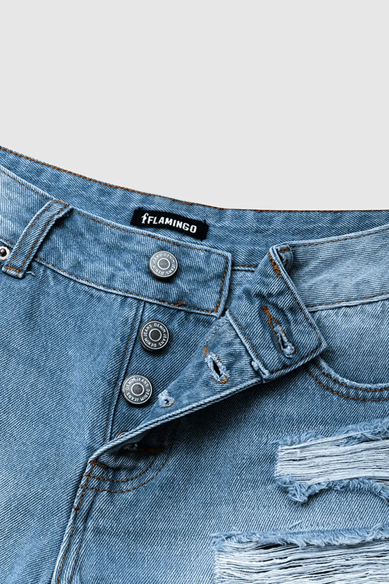 Button Fly Ripped Raw Hem Low Rise Denim Shorts