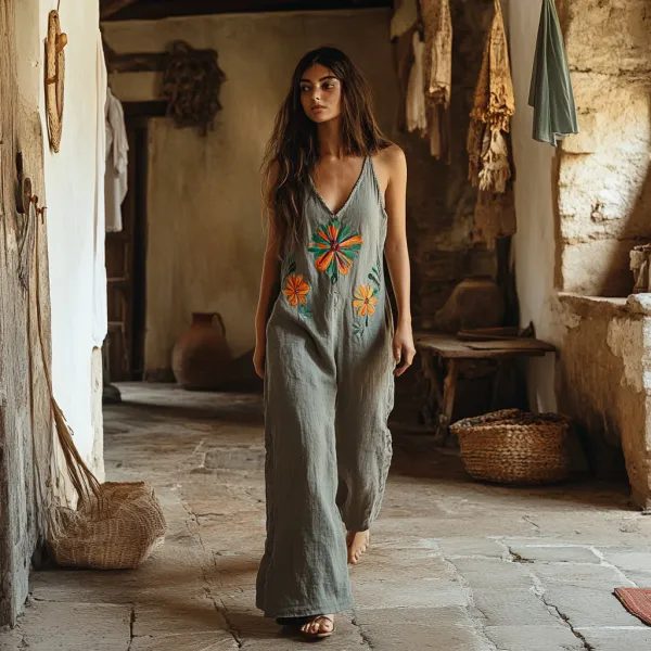 Vintage Floral Embroidered Pattern Art Linen Blend Loose Casual Jumpsuit