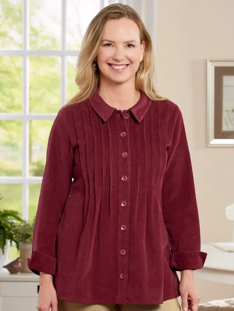 Women's Pintucked Floral Corduroy Tunic Top