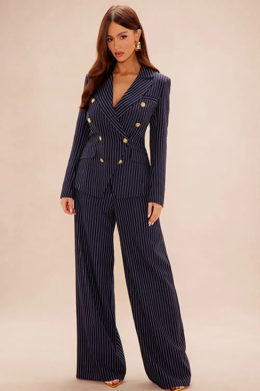 Let's Talk Business Pinstripe Blazer Suit Set - Navy/combo