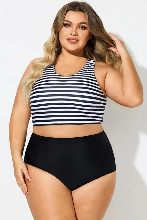 Round Neck Black & White Striped Criss Cross Bikini Top