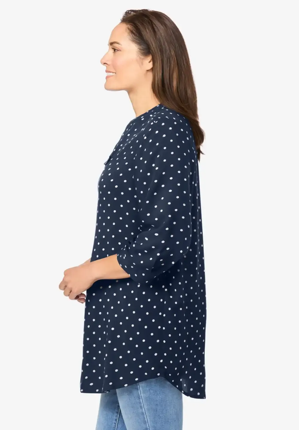 Rayon 7-Day Three-Quarter Sleeve Tab-Front Tunic