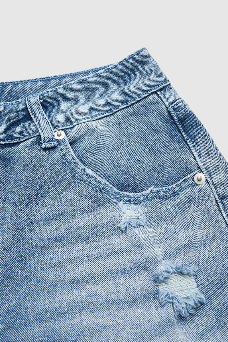 Ripped Mid Waist Straight Leg Capri Jeans