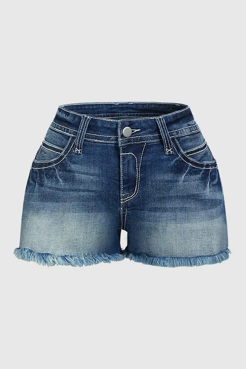 Stitch Flap Pocket Raw Hem Mid Rise Denim Shorts