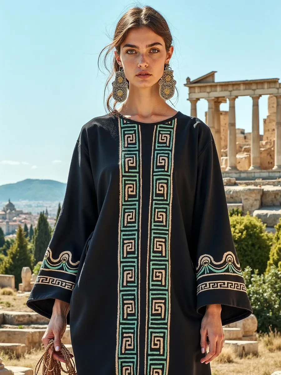 Vintage Greek Key Crew Neck Cotton Blend Mixi Dress