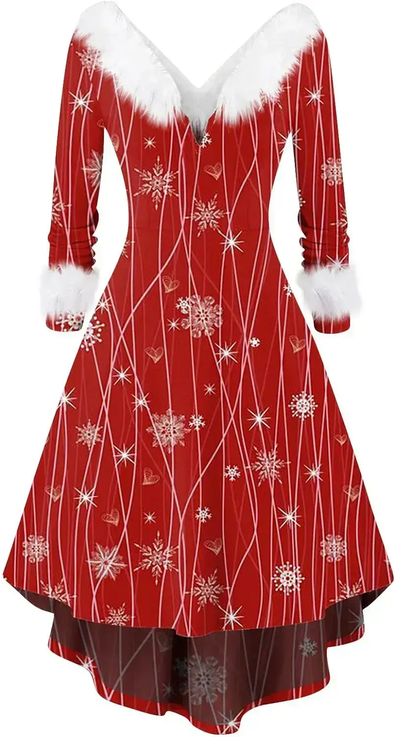 Womens Christmas Dress Fuzzy Mrs Claus Christmas Holiday Xmas Cocktail Holiday Party Flare Dress