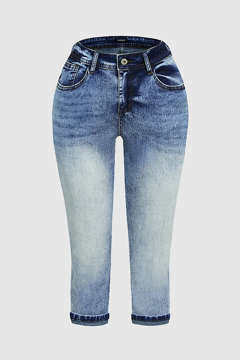 Roll Hem Wash High Stretch High Waist Capri Jeans
