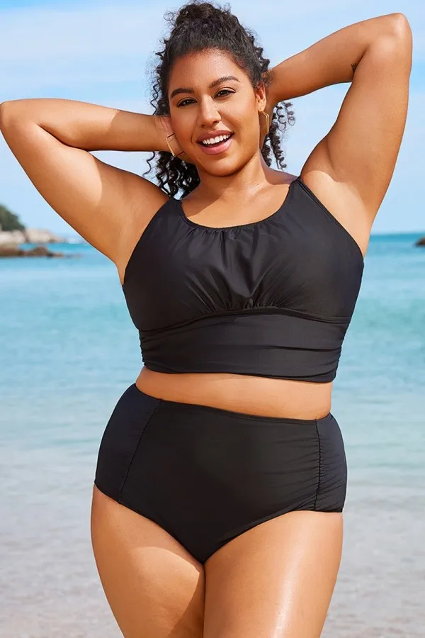 Plus Size Solid Black Crop Bikini Top