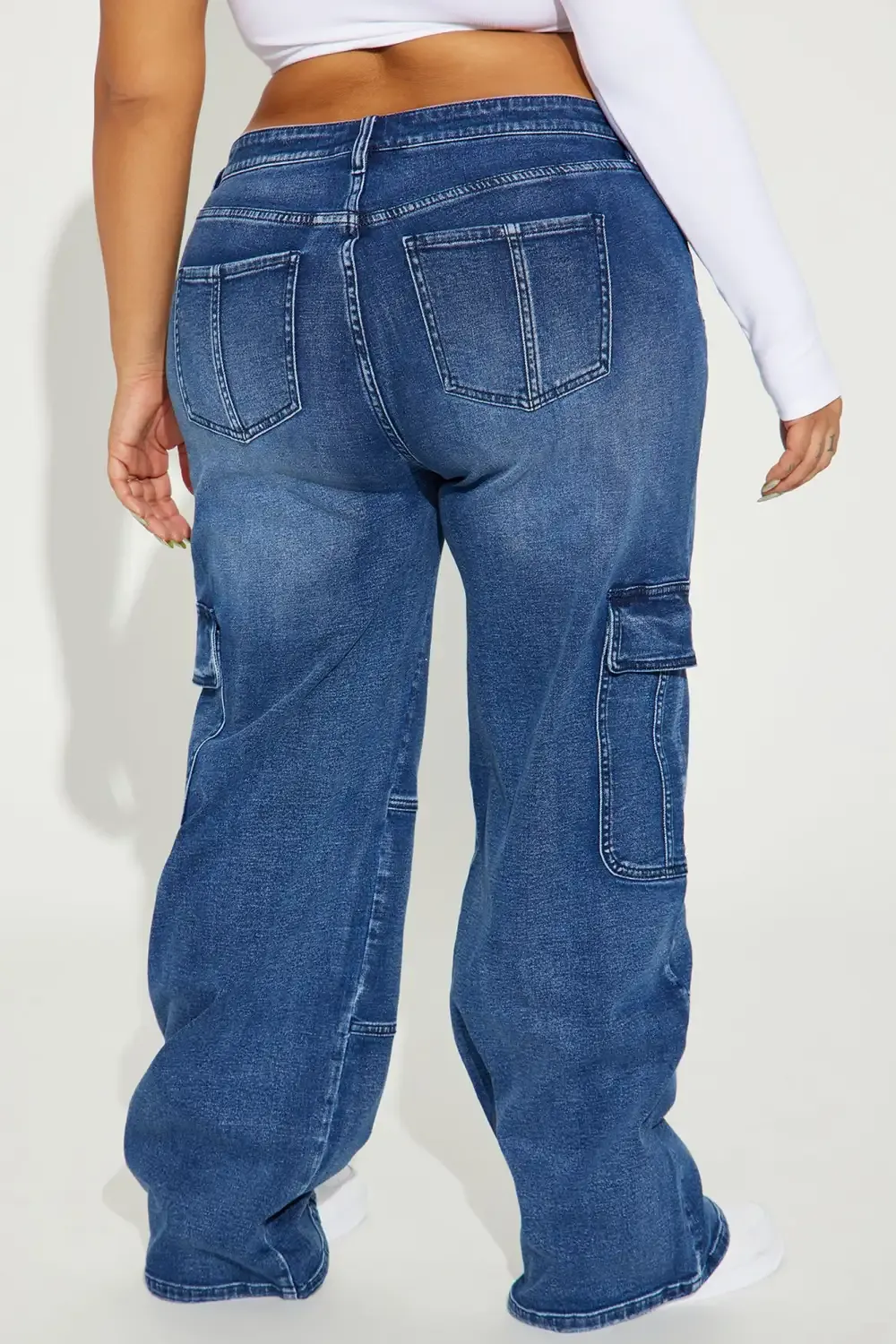 Never Stop Low Stretch Cargo Straight Leg Jeans - Dark Wash