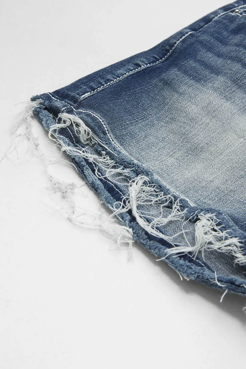Stitch Pocket Raw Hem Mid Waist Denim Shorts