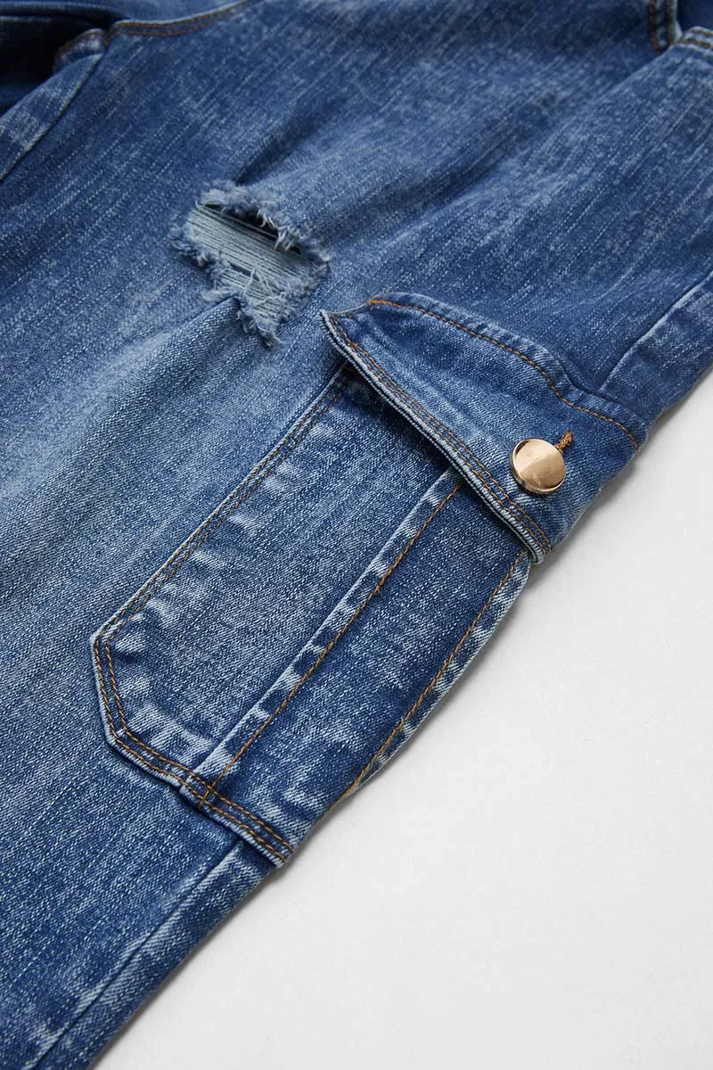 Wash Ripped Flap Pocket High Rise Cargo Jeans