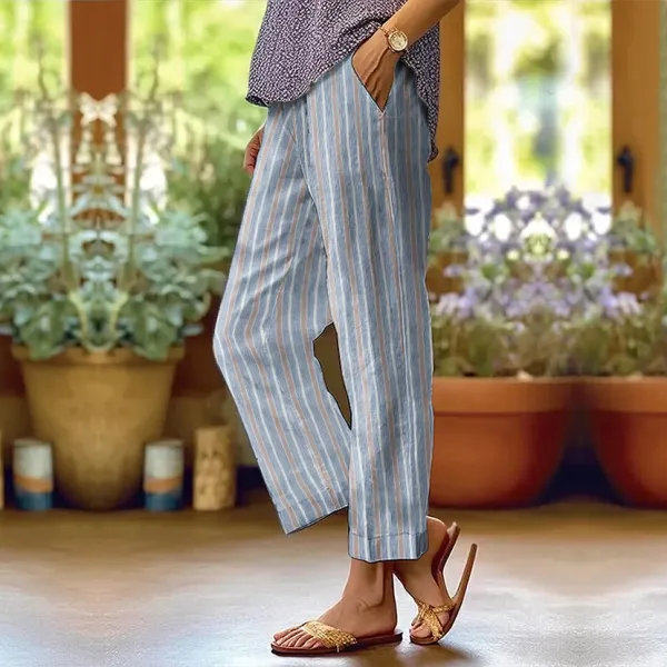 Women's Blue And White Overlay Stripe Linen Casual Pants