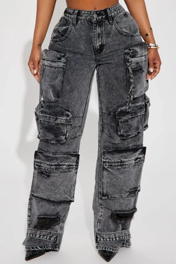 Millie Non Stretch Ripped Cargo Jeans - Acid Wash Black