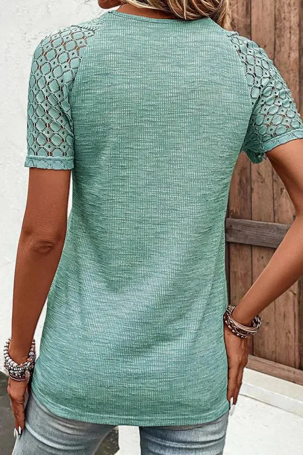 Rib-Knit Contrast Lace Button Detail Short Sleeve T-Shirt