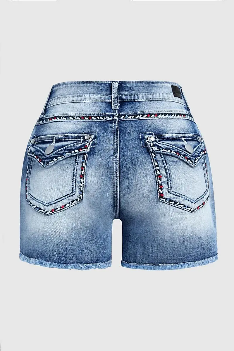 Raw Hem Stitch Detail Mid Rise Denim Shorts