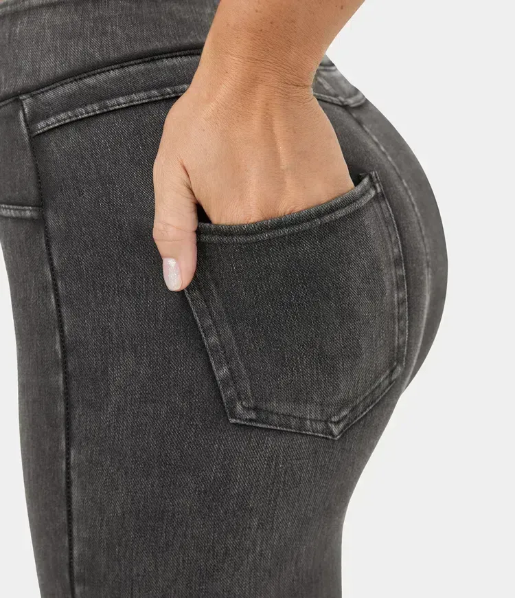 High Waisted Back Side Pocket Stretchy Knit Denim Casual Leggings