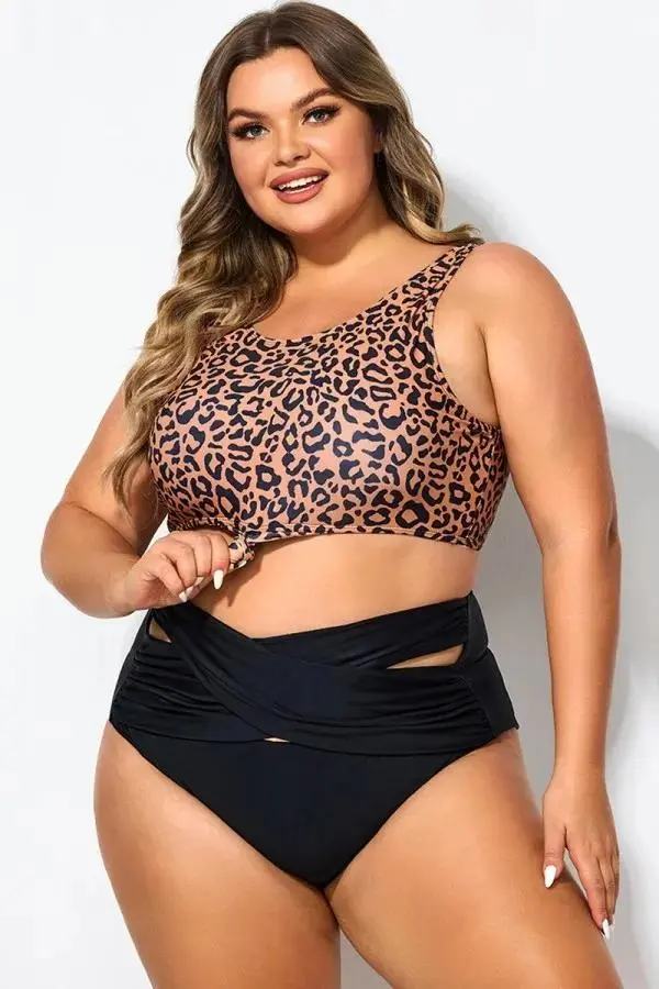 Leopard Print Scoop Neck Front Women Bikini Top