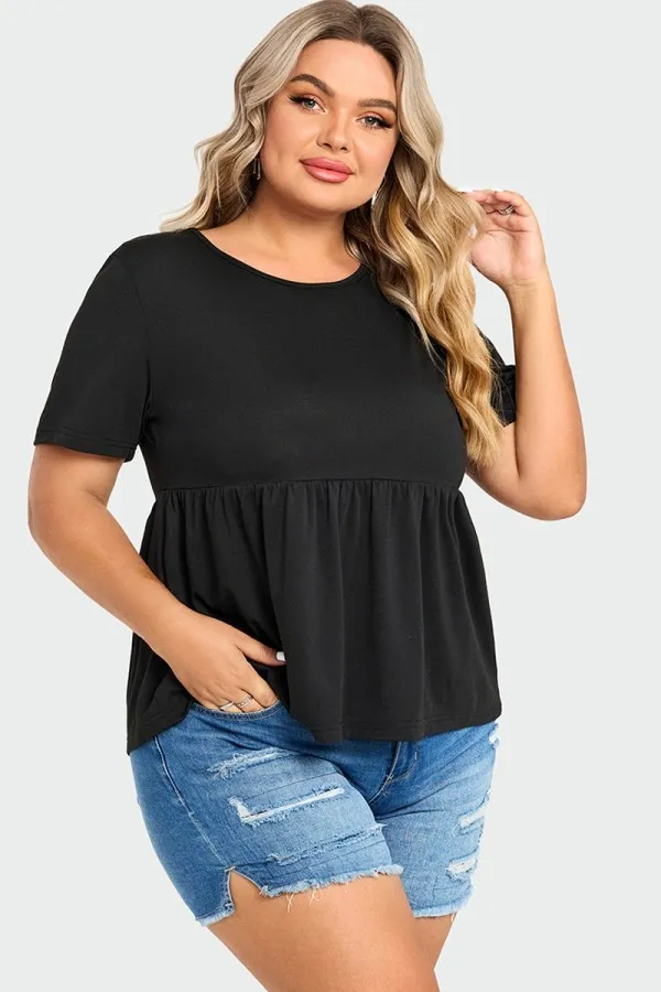 Black Peplum Short Sleeve Round Neck Top