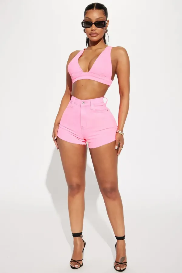 All The Hype Stretch Denim Cut Off Shorts - Neon Pink