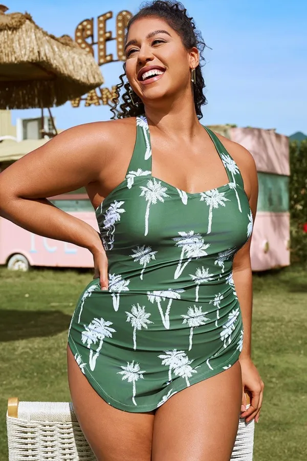 Green Palm Tree Slim One Piece Swimsuit