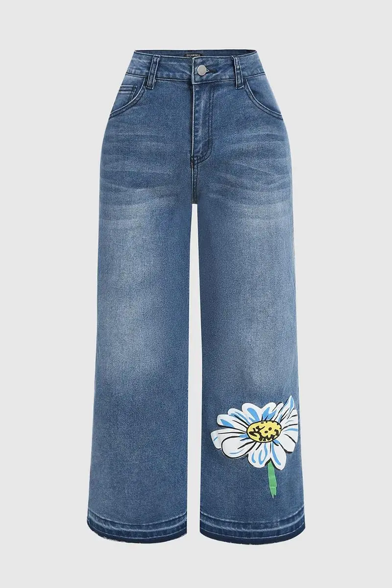 Floral Pattern Crop Mid Rise Wide Leg Jeans Without Belt