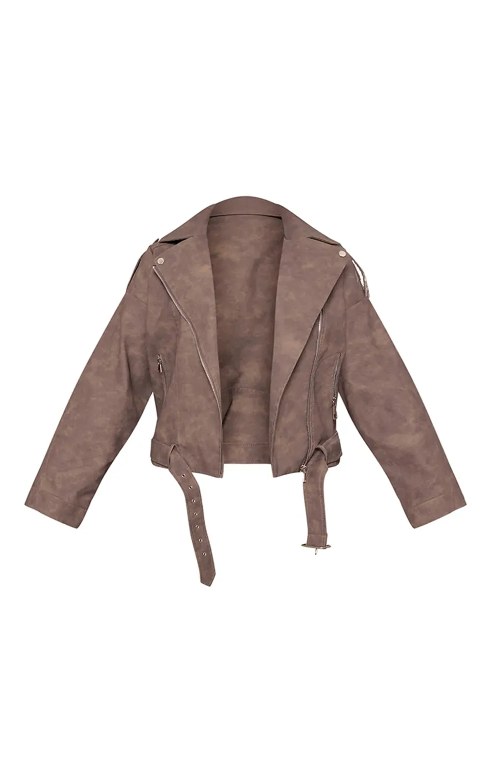 Brown Distressed Soft Faux Leather Oversized Biker Jacket