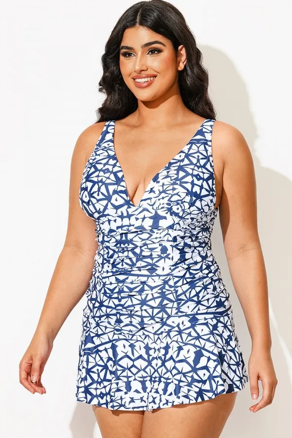 Tie-Dye Shirred V-Neck Elegant Lady Swimdress