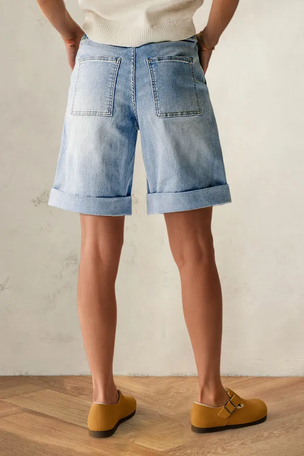 Roll Hem Patch Pocket Elastic Mid Rise Denim Bermuda Shorts
