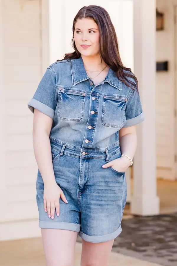 Judy Blue: Out And About Romper, Medium Wash
