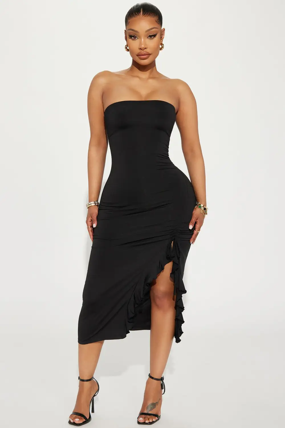 Jenna Ruched Midi Dress - Black