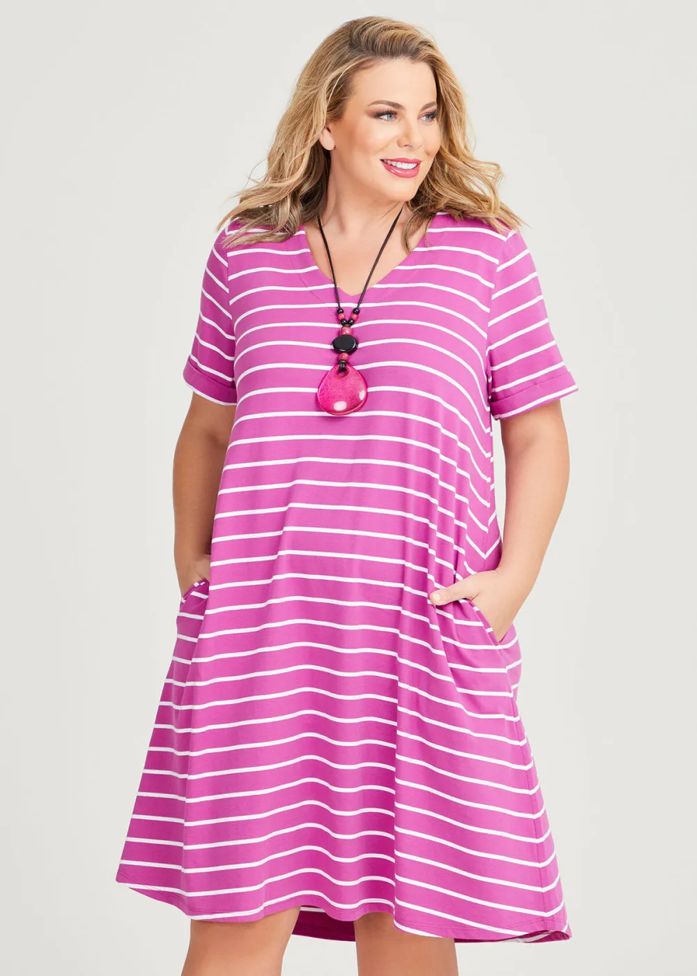 Cotton V-neck Stripe Dress