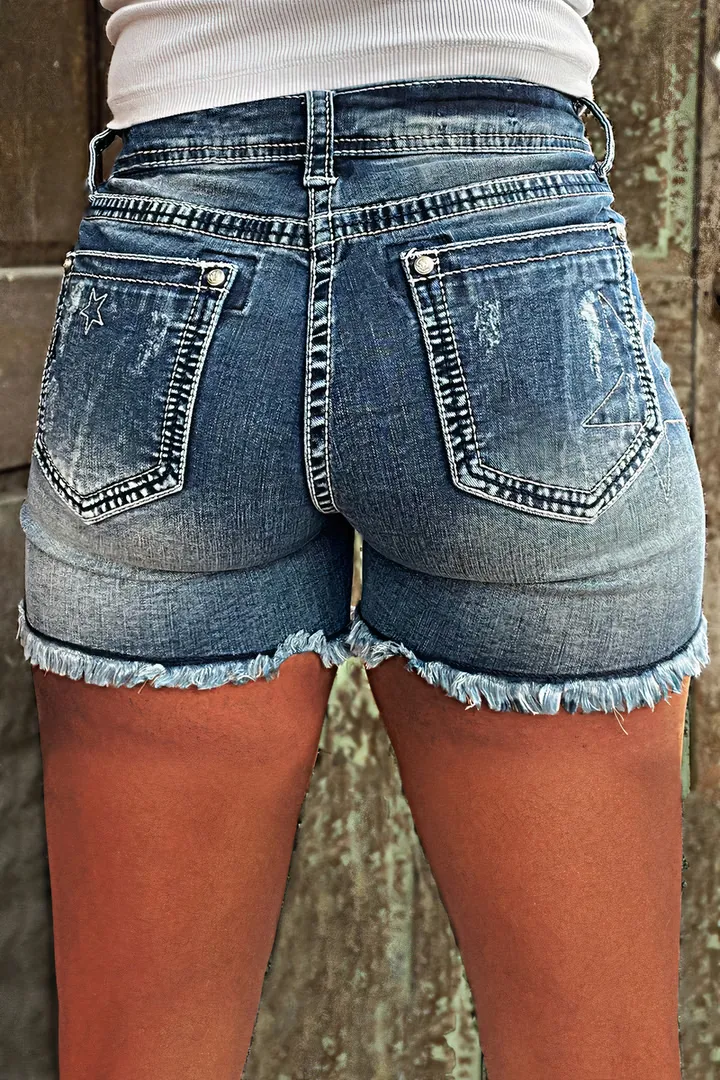 Star Pattern Ripped Raw Hem Mid Rise Denim Shorts