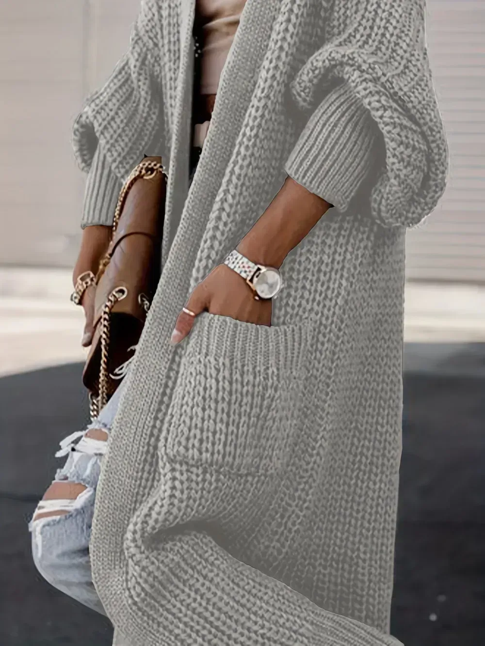 Plus Size Casual Cardigan, Women's Plus Solid Long Sleeve Open Front Cardigan With Pockets