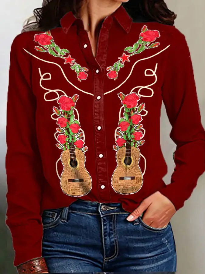 Women's Vintage Western Print Long Sleeve Shirt
