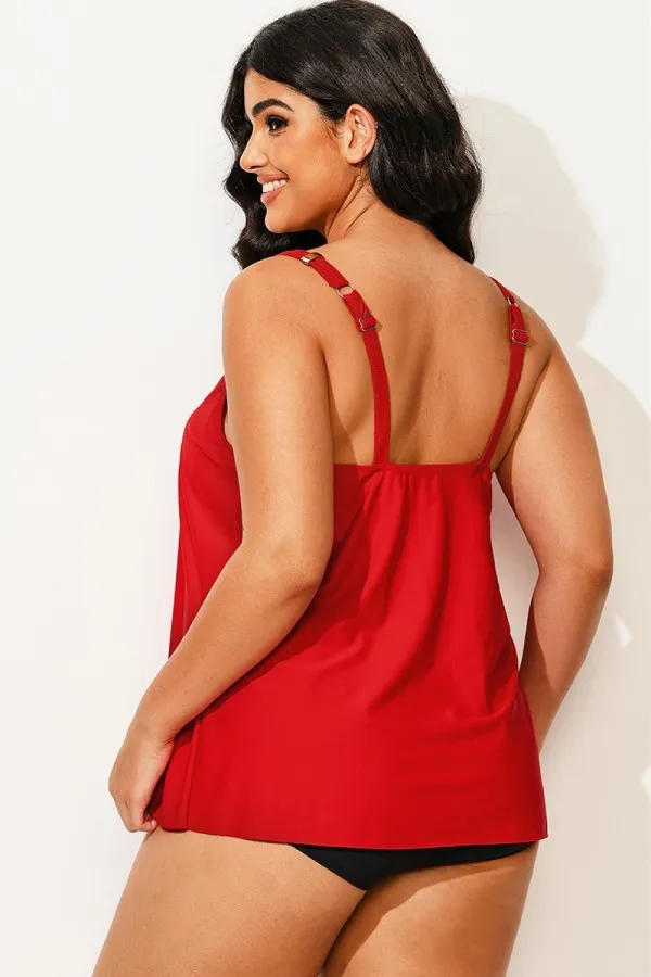 Solid Red Flowy Front Full Straight Back Tankini Top