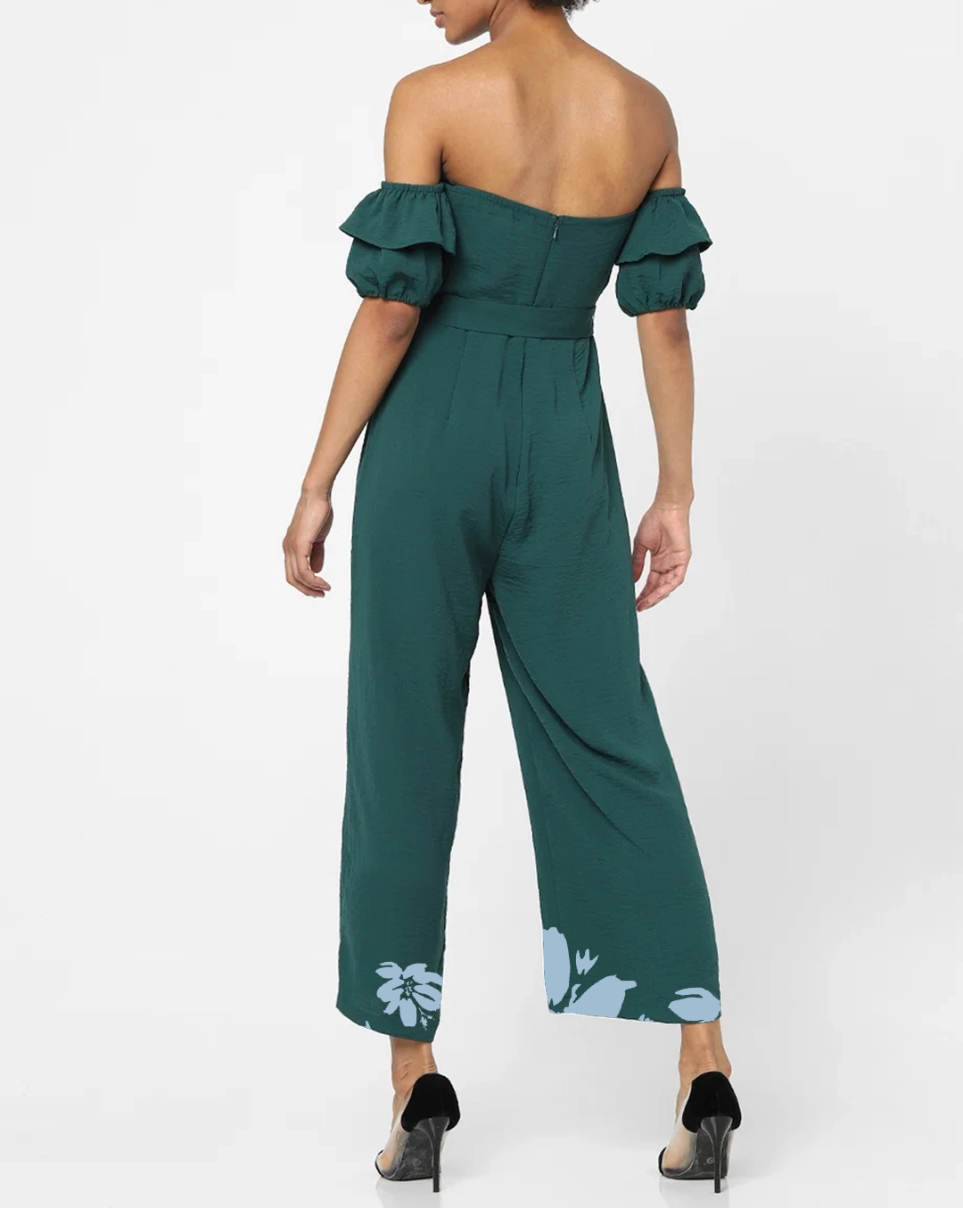 Emerald Green Off Shoulder Floral Print Jumpsuit