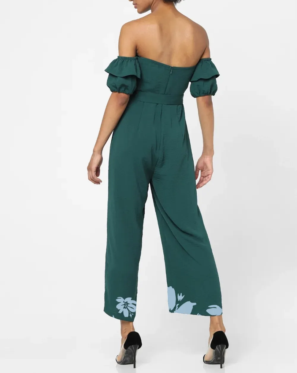 Emerald Green Off Shoulder Floral Print Jumpsuit
