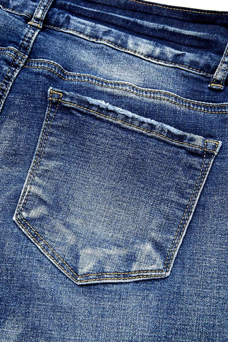 Ripped Double Button Mid Waist Skinny Jeans
